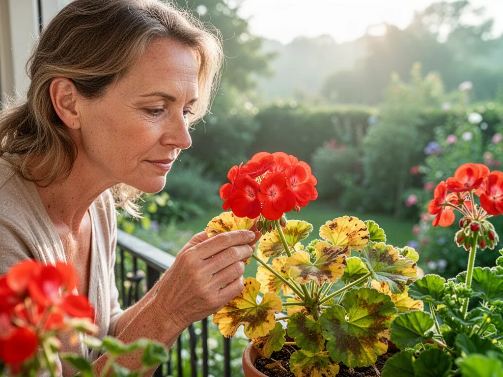 Kobieta sprawdza żółknące liście pelargonii na słonecznym balkonie, diagnozując stan rośliny.