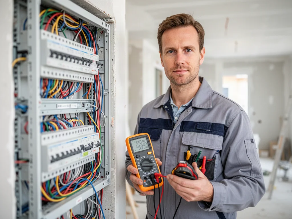 Elektryk w stroju roboczym sprawdza nowoczesną rozdzielnicę elektryczną za pomocą multimetru.