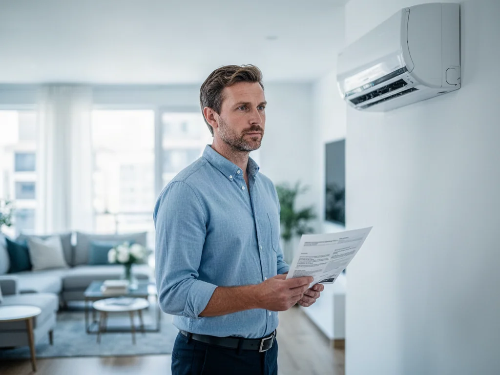 Mężczyzna w nowoczesnym mieszkaniu sprawdza dokumentację w pobliżu zamontowanego klimatyzatora ściennego.